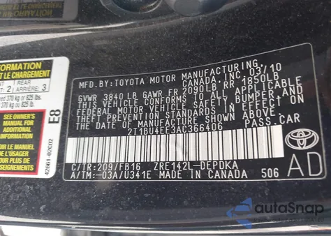 2010 Toyota Corolla из США, поврежденный, VIN 2T1BU4EE3AC366406